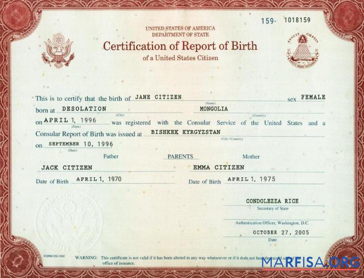 Realistic USA certification of report of birth washington 1 real example